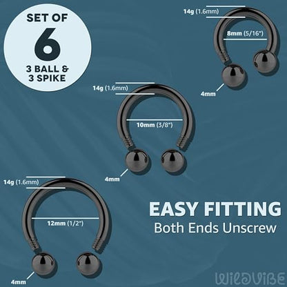 Surgical Steel Septum Rings 16g 14g - Lip Ring Smiley Piercing Hoop for Cartilage Earrings, Tragus, Helix, Daith, Conch - Eyebrow Circular Horseshoe Septum Piercing Jewelry - color: 14g - Black