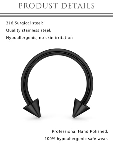 Hoeudjo 16G Horseshoe Septum Rings with Ball Grabber Tool Hypoallergenic Surgical Steel Septum Piercing Jewelry Lip Rings for Women Men Diameter 6mm 8mm 10mm 12mm - color: black