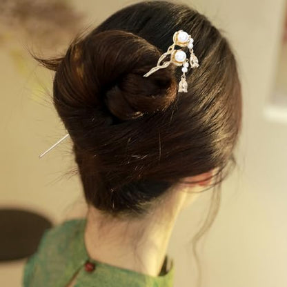 Lawie 10 Pack Retro Gold Metal Long Hair Sticks Pins with Pearl Jade Dangles Tassels Pendants Chinese Hanfu Asian Flower Butterfly Hair Chopsticks Hair Picks Bun Forks Holders Hairpins for Women Girls