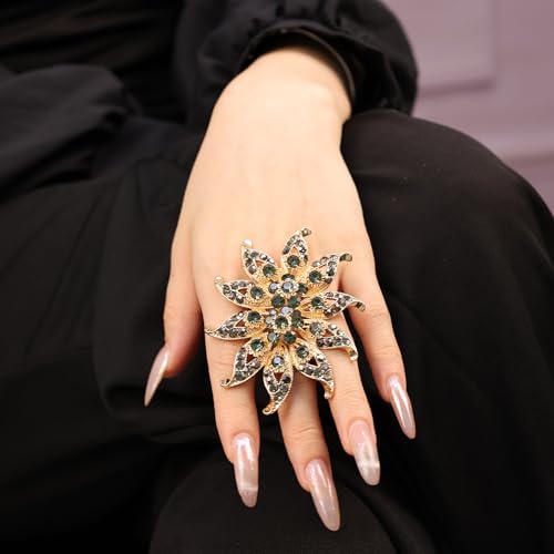 Elegant Big Crystal Flower Ring for Women Gold Rhinestone Floral Rings Open Finger Adjustable Crystal Flower Statement Ring Jewelry for Bridal Wedding - color: Flower 2 - grey