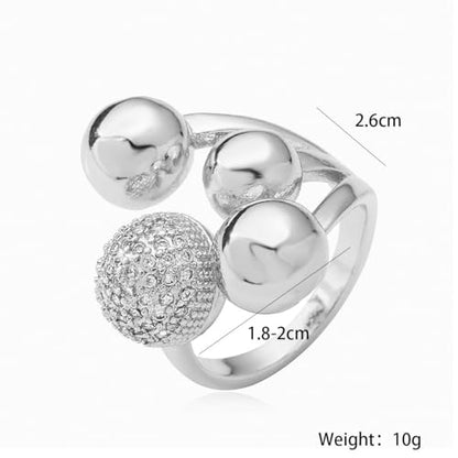 18K Gold Plating Ball Statement Ring Charm Cubic Zirconia Adjustable Open Band Jewelry for Women - color: Silver