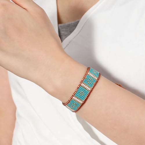 KELITCH Women Pearls Friendship Bracelets Handmade Blue Seed Bead Leather Wrap Bracelet Fashion Jewelry - color: A