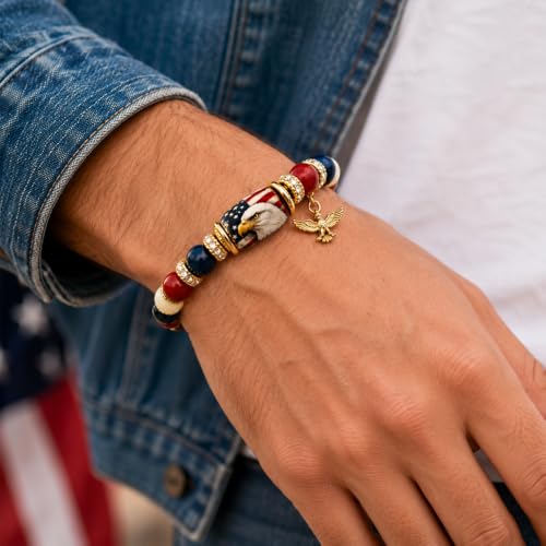 Patriotic Beaded Stretch Bracelet Red White Blue 1776-2026 USA | 250th Anniversary, 4th of July, American Eagle Flag, Women's Jewelry, Independence Day