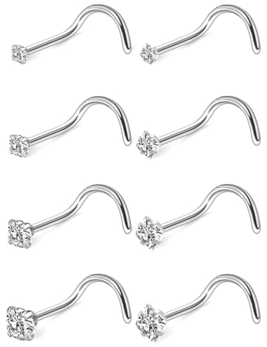 Hoeudjo Nose Studs Surgical Steel Cubic Zirconia Nose Rings Kit for Women Men Tiny Nose Stud Screw & Bone & L Shaped Nostril Piercing Jewelry 22-18 Gauge 8 Pieces 1.5mm 2mm 2.5mm 3mm - color: silvertone, size: 20g,corkscrew nose studs,round+square CZ