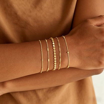 Gold Bracelet for Women, Waterproof Jewelry,5PCS | 14K Gold Plated Bracelets Stacks Non-Tarnish, Lightweight & Comfy, Trendy Adjustable Dainty Links, Women’s Jewelry Gift - color: 5 pcs Big Satellite+Satellite+Twist+Flat Curb+Small Satellite