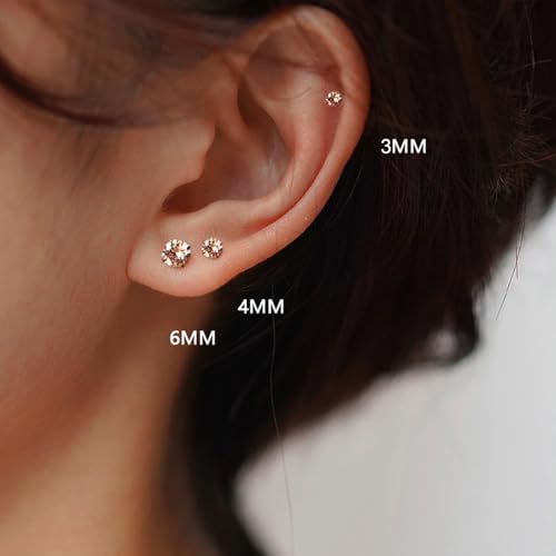 6 Pairs Stud Earrings Set, Hypoallergenic Cubic Zirconia Earrings 316L Stainless Steel CZ Earrings 3-8mm - color: A-Champagne CZ
