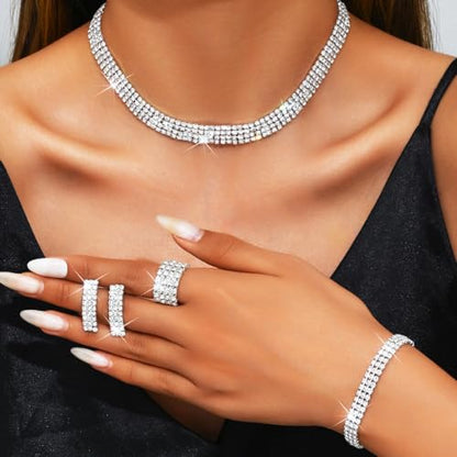 Aukmla Rhinestones Bridal Wedding Jewelry Set Silver Choker Necklaces Earrings Bracelet Ring Sets Prom Jewelry for Women - color: Silver