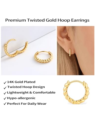 Fiusem 14K Gold Plated Huggie Hoop Earrings for Women | 8/10/12 Hypoallergenic Small Twisted beaded Huggie Earrings - color: Gold Twisted, size: 8MM