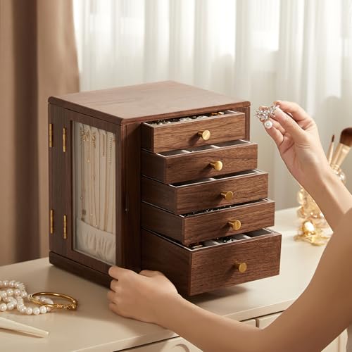 Rotating Black Walnut Wooden Jewelry Box for Women, 5 Layer | 360° Rotatable, 5 Drawers, Rings, Necklaces, Earrings & Bracelets, Large Storage Case, Gift for Her - size: 5 Layer(7.9"D x 9.4"W x 10.4"H)