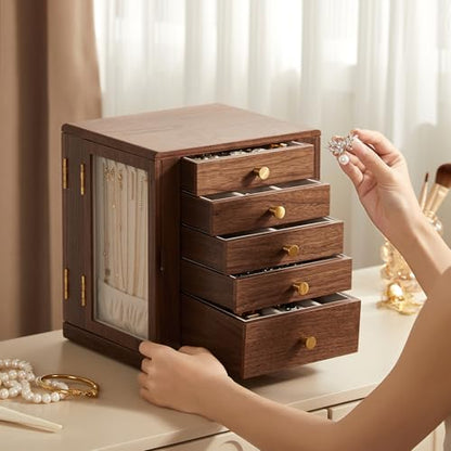 Rotating Black Walnut Wooden Jewelry Box for Women, 5 Layer | 360° Rotatable, 5 Drawers, Rings, Necklaces, Earrings & Bracelets, Large Storage Case, Gift for Her - size: 5 Layer(7.9"D x 9.4"W x 10.4"H)