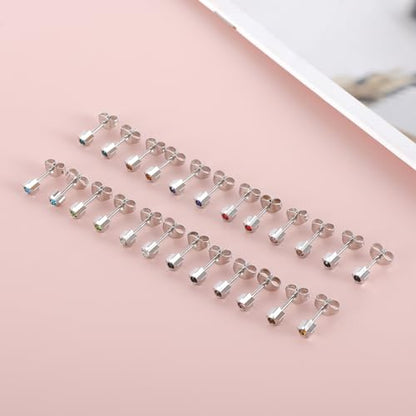 12 Pairs Surgical Stainless Steel Cubic Zirconia Birthstone Stud Earrings Heart Star Round Multicolors Stud Earrings Set for Women - style: Silver star 4mm