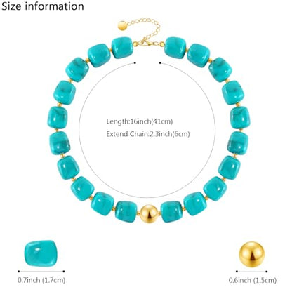 VIBILIA Boho Beaded Chunky Statement Necklace for Women Y2K Summer Jewelry | Boho Handmade Large Resin Bead Strand, Trendy Statement Summer Vacation Holiday Jewelry - color: Square-Turquoise