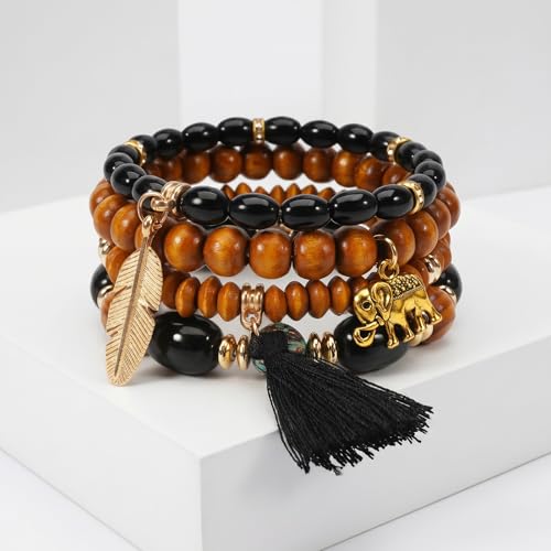 Boho Wooden Beads Bracelets Bohemian Bracelet Stack for Men Women Wood Beaded Bracelet Set - color: S