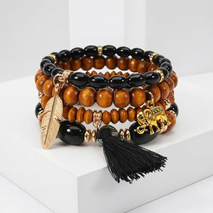 Boho Wooden Beads Bracelets Bohemian Bracelet Stack for Men Women Wood Beaded Bracelet Set - color: S