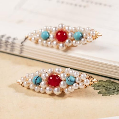 A Pair Wedding Hair Clips, Handmade Floral Design Crystal Hair Clips Pearl Barrettes, Rhinestones Flower Clips Pearl Headpieces Hair Pins Hair Accessories for Women Girls (White Pearl) - color: White Pearl