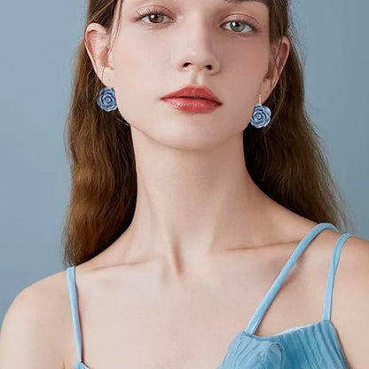 Handmade Bohemian Aesthetic Dainty Acrylic Flower Petal Leverback Earrings Sparkly 14K Gold Floral Dangle Drop Earrings for Women - color: Haze Blue