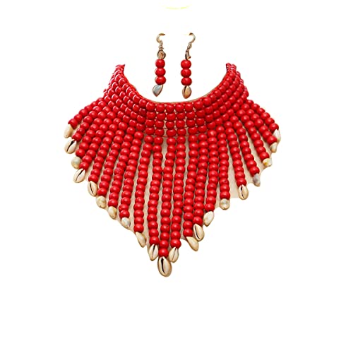 Wooden Beaded Seed Bib Necklace and Earrings Set for Women,Statement African Boho Layering Chunky Collar Choker Set - color: Red