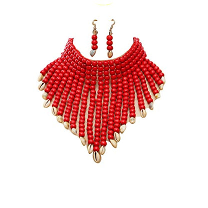 Wooden Beaded Seed Bib Necklace and Earrings Set for Women,Statement African Boho Layering Chunky Collar Choker Set - color: Red