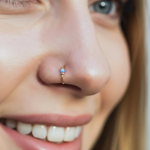 925 Sterling Silver & 14K Gold Filled Nose Ring Hoop Handmade Piercing Jewelry For Women - 24 Gauge 2mm,7mm Tiny Nose Ring with Opal - Gift Ready - color: Light Blue Opal Gold