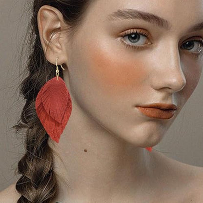 Genuine Leather Handmade Fringe Feather Lightweight Dangle Drop Earrings Teardrop Tassel Hook Earrings for Women - style: 12 Deep Orange
