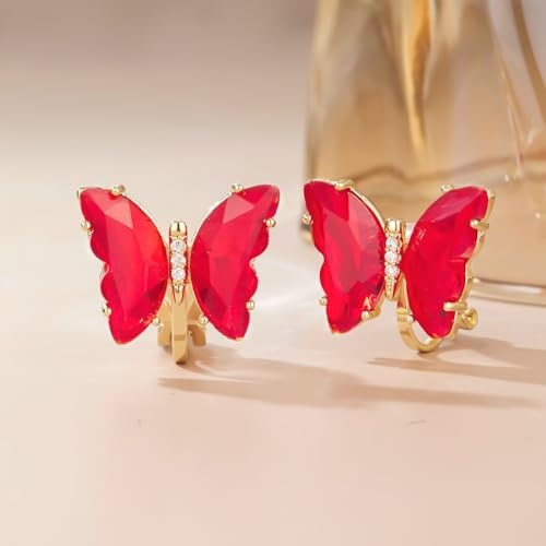 YOQUCOL Butterfly Shape Crystal Clip On Earrings Non Pierced Golden Stud for Women - color: Red