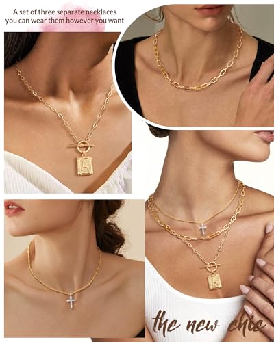 MJartoria Layered Initial Necklaces for Women Trendy, 14K Gold Plated Brass Simple Dainty Cross Choker Square Letter Pendant Necklace, Paperclip Chain Necklaces Jewelry - color: Gold, style: A.