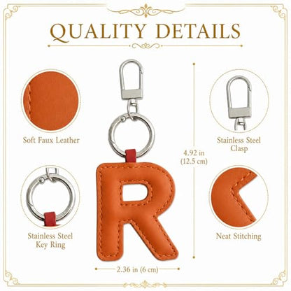 Initial Letter Keychain,Stainless Steel,Colorful Faux Leather Keyring for Backpack,Purse,Car Keys,Gift for Men Women - color: R