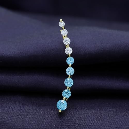 Floating Curved Bar One Piece Left Ear Crawler Earrings With Birthstone | White CZ In 14K Yellow Gold Over Sterling Silver - color: Simulated Aquamarine