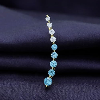 Floating Curved Bar One Piece Left Ear Crawler Earrings With Birthstone | White CZ In 14K Yellow Gold Over Sterling Silver - color: Simulated Aquamarine