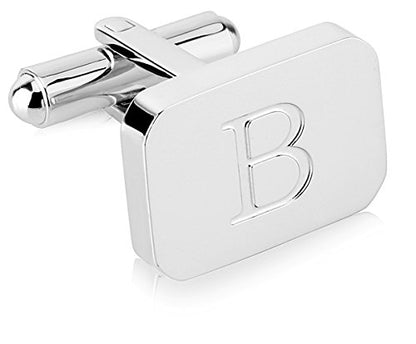 18K White-Gold Plated Initial Engraved Stainless Steel Men’s Cufflinks With Gift Box -Personalized Alphabet Letter’s A-Z By Lux & Pair - style: B- White Gold