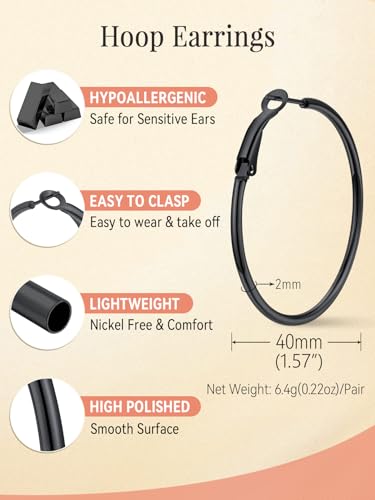 FaithHeart Silver/Black/Gold Stainless Steel Thin Hoop Earrings for Women | 2mm Wide Thin Large Hoop Earrings, Hypoallergenic Lightweight Trendy Jewelry, 20/30/40/50/60/70/80/90/100mm - color: Black, size: 40mm/1.57"