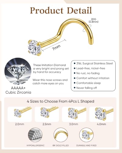 8Pcs 20G Gold/Silver 316L Surgical Stainless Steel L Shaped Corkscrew Nose Studs earrings, Hypoallergenic Nickel Free Tiny Clear Cubic Zirconia Nose Piercing Jewelry 2mm‑4mm,cartilage piercings, Minimalist Dainty Body Piercing Accessories for Sensitive Sk