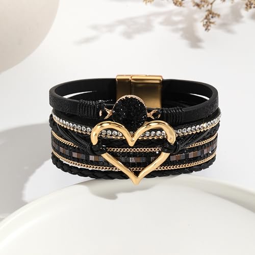 VIBILIA Boho Leather Wrap Bracelets for Women Multi-Layer Bracelets | With Strong Clasp Jewelry for Women - color: 01-Heart-Black