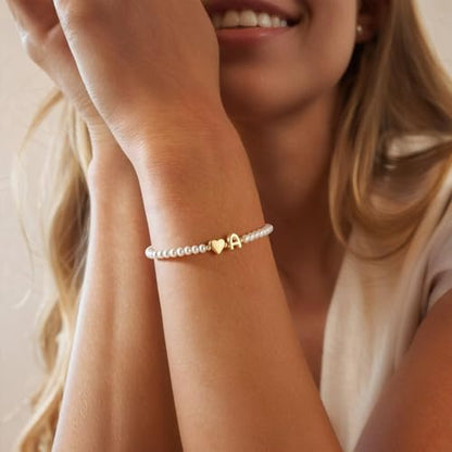 M MOOHAM Pearl Initial Bracelets for Teen Girls, Heart Letter A-Z Bracelets | 14K Gold Plated Heart Letter Bracelet, Dainty Stretch Pearl Initial Bracelet, 6-14 Year Old Girl Birthday Gifts for Teen Girl - color: E