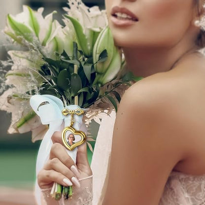 Personalized Photo Wedding Bouquet Charm, Double Sided Round Glass Photo Locket Pendant Pin Brooch, Handmade Memorial Picture Frame Bridal Shower Gift For Bride & Groom - color: Tilted Heart - Rose Gold