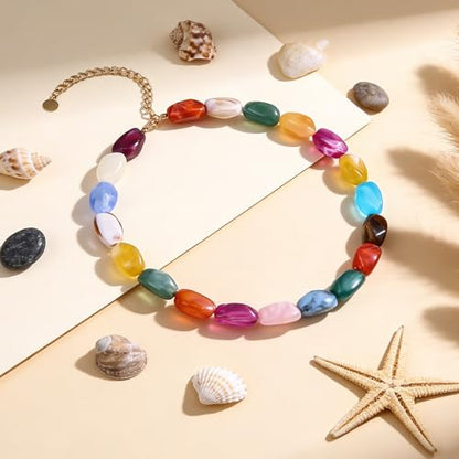 Rainbow Beaded Necklace for Women - Boho Necklaces Chunky Necklace for Summer Vacation Jewelry, Colorful Seed Bead Choker Statement Necklace - color: Thick C