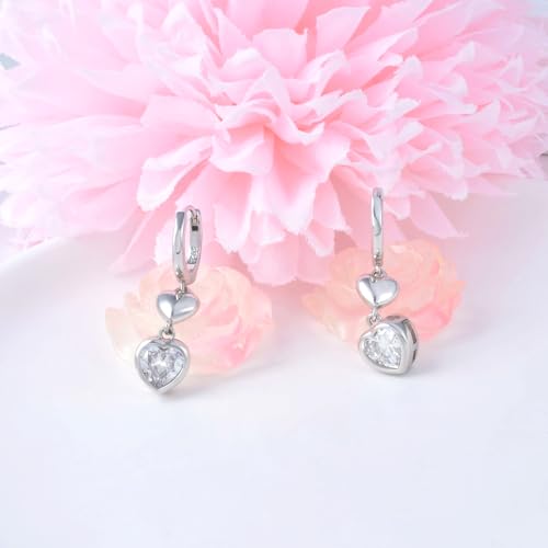 Heart Earrings for Women Girls-Sterling Silver Heart Dangle Hoop Earrings with Charm Love Huggie Hoop Earrings Hypoallergenic Delicate Jewelry Gifts for Women Girls Birthday - color: CZ Double Heart Earrings