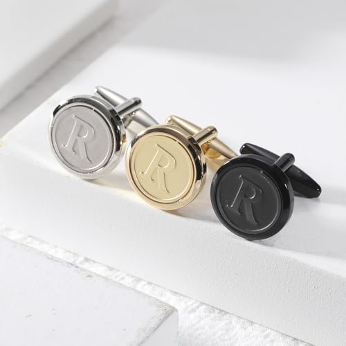 Initial Letter A-Z Cufflinks for Men Silver/Gold/Black Cufflinks 26 Alphabet Letter Copper Cufflinks for Formal Occasions Gifts Anniversary Business Wedding for Bridegroom Groomsmen - size: Black, style: Initial: R