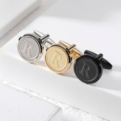 Initial Letter A-Z Cufflinks for Men Silver/Gold/Black Cufflinks 26 Alphabet Letter Copper Cufflinks for Formal Occasions Gifts Anniversary Business Wedding for Bridegroom Groomsmen - size: Black, style: Initial: R
