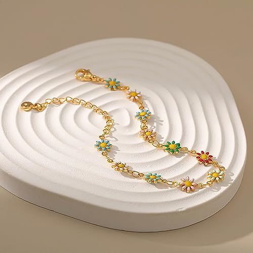 Dainty Gold Bracelets for Women, 18 Gold Plated Adjustable Evil Eye/Butterfly/Beaded/Pearl/Heart/Turquoise Handmade Bracelet for Women - style: Daisy