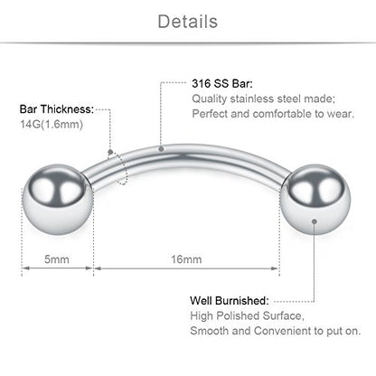 SCERRING 14G Clear Acrylic Bioflex & Stainless Steel Curved Barbell Nipplerings Snake Eyes Tongue Ring Piercing Retainer 16-24PCS - style: 16PCS - 5/8" (16mm) Stainless Steel