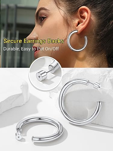PROSTEEL Chunky Hoop Earrings for Women 14K Gold Plated/Black/Silver | 20/30/40/50/60/70/80mm Stainless Steel Thick Big Round Hoop with Waterproof and Non Tarnish Trendy Jewelry with Gift Box - color: 2. Silver, size: 40MM