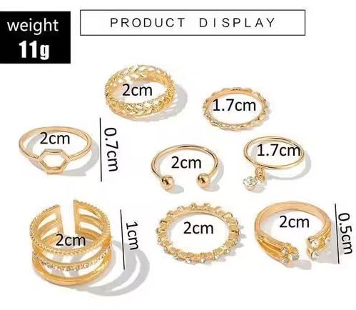 8Pcs Gold Tone Stackable Ring Set for Women Mixed Design Fashion Finger Rings with Crystal Accents Dainty Chunky Ring for Daily Wear Party Wedding Ring