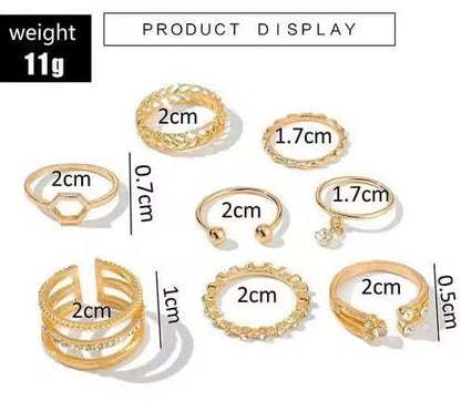 8Pcs Gold Tone Stackable Ring Set for Women Mixed Design Fashion Finger Rings with Crystal Accents Dainty Chunky Ring for Daily Wear Party Wedding Ring