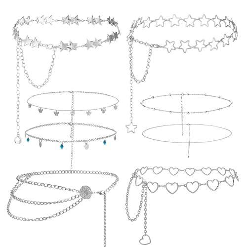 JATEBI 8 Pcs Waist Belly Chain Belt for Women Body Chains Jeans Pants Chain Adjustable Bikini Belly Chain Boho Layered Summer Skinny Beach Belly Jewelry Accessories