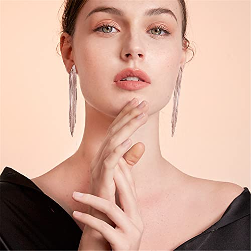 14k Gold Long Tassels Chain Dangle Drop Earrings for Women Black Silver Punk Sleek Metal Chain Earrings Wedding Bridesmaid Jewelry - color: Silver