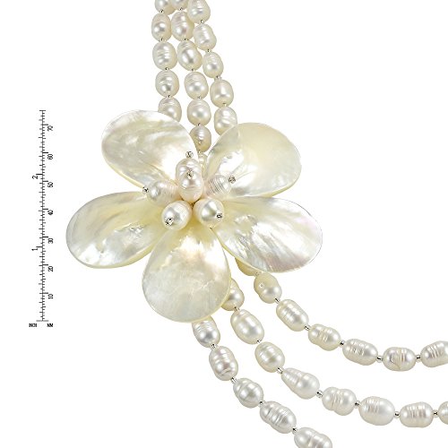 Floral Mother of Pearl on Triple Strand of Cultured Freshwater White Pearl Layered Necklace