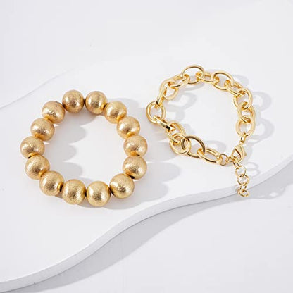 LALAPPLE Gold Plated Beaded Acrylic Bamboo Tube Bangle Bracelets for Women, Colorful Chunky Curved Tube With Gold Plated Pieces Beads Stretch Bracelet Friendship Summer Beach Jewelry - color: B-gold 2pcs