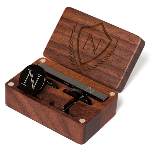 Mens Initial Cufflinks and Tie Clip A-Z Alphabet Letter Black Stainless Cuff Links Tie Bar with Engraved Walnut Wood Box Groom Groomsman Wedding Set - style: Classic-N