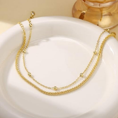 Robaice Ankle Bracelets for Women, 14K Gold Plated/Silver Layered Anklets | Waterproof Adjustable Anklet for Women, Summer Beach Anklet, Glitter Jewelry for Women Gifts - color: Gold-1